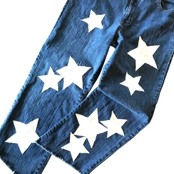 Upcycled Patchwork Jeans, Cropped Denim Hippie Pants with White Stars Size 16 - Picture 12 of 13